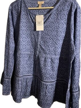 LOGO by Lori Goldstein Blue Textured V-Neck Peasant Blouse